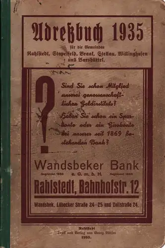 Adressbuch für die Gemeinden Rahlstedt, Stapelfeld, Braak, Stellau, Willinghusen und Barsbüttel. für das Jahr 1935. 