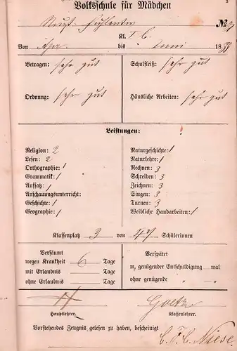 Schulzeugnisse für Elisabeth Niese, geboren den 20. Febr. 1875, aufgenommen den 1. April 1888 in die Seminarschule (für Mädchen, Fuhlentwiete). Hrsg.: Hamburgische Schulverwaltung. 