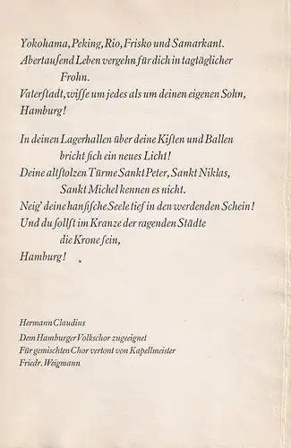 Lobsprüche und -Lieder auf Hamburg. (Privatdruck). 