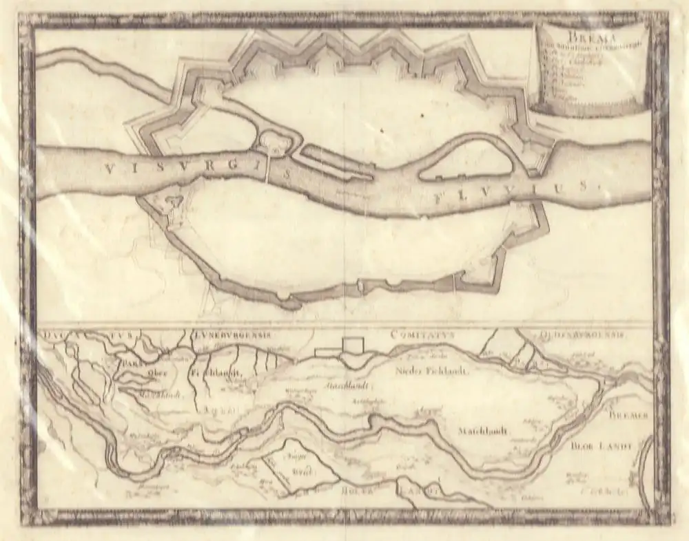 Brema cum situatione circumiacente. Plan und Umgebungskarte. Orig.-Kupferstich nach Merian 0