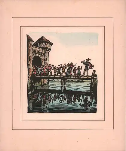 Der Rattenfänger von Hameln. Kolorierter Holzschnitt