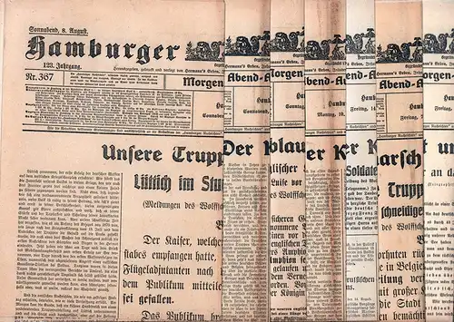 Hamburger Nachrichten. JG. 123, Nrn. 362-370 und  Nr. 378 sowie eine Sonderausgabe und 1 Extra-Ausgabe (= zusammen 12 Teile). (Hrsg. unter Red. von Hermann Hartmeyer). 