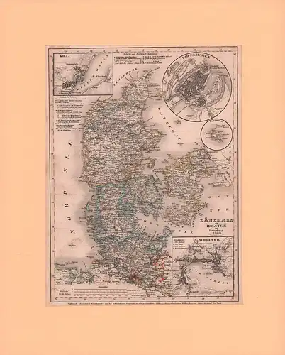 Dänemark mit Holstein und Lauenburg, 1849. Gezeichnet von Ltn. Renner. Grenzkolorierter Stahlstich (unter Direction von Kleinknecht) aus der Schweinfurter Geographischen Graviranstalt