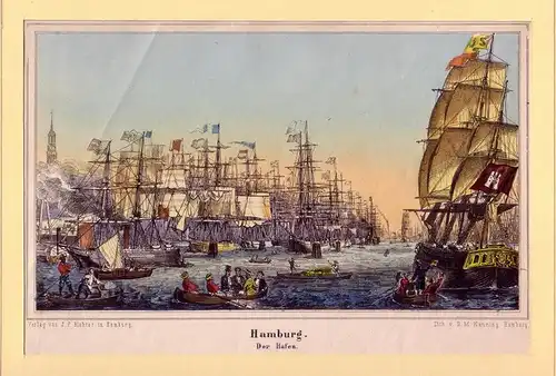 Hamburg. Der Hafen. Kolorierte Lithographie von D. M. Kanning