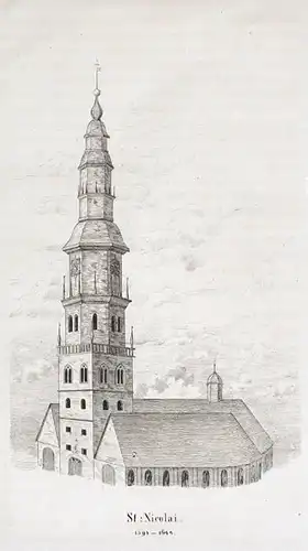 Kirche St. Nicolai. 1593-1644. Federlithographie auf dünnem Papier