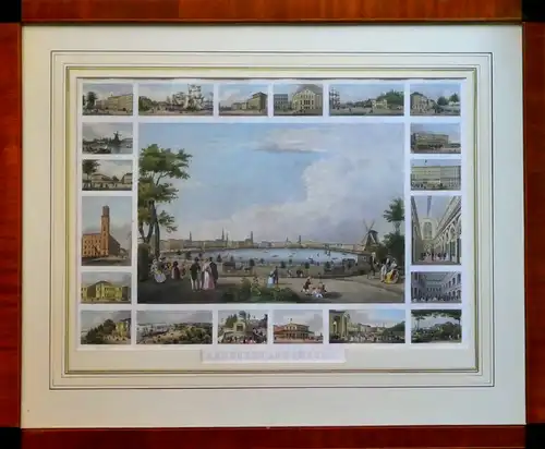 Andenken an Hamburg. Souvenirblatt mit 21 Ansichten. Kolorierter Stahlstich von James Gray