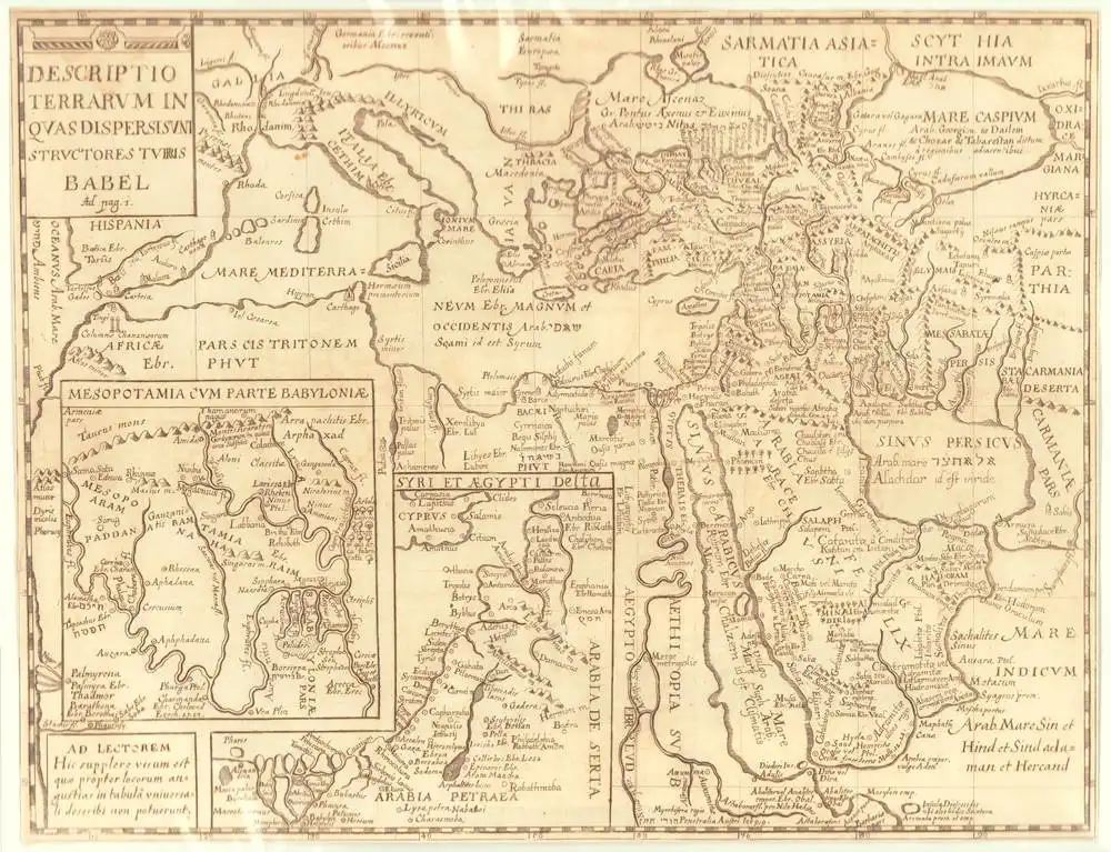 Descriptio terrarum, in quas dispersi sunt structores turris Babel. Original-Kupferstich, unkoloriert 0