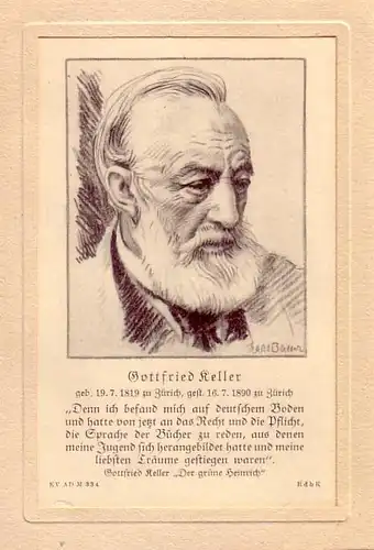 PORTRAIT Gottfried Keller. Schulterstück im Halbprofil. Strichätzung nach Lithographie von Karl Bauer, Keller, Gottfried