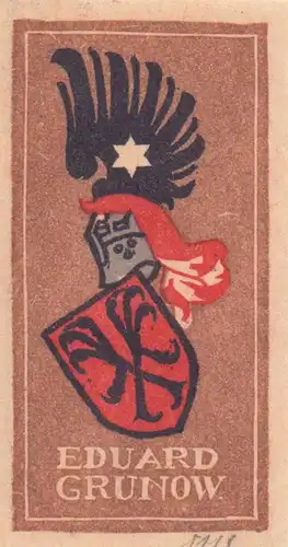 EXLIBRIS Eduard Grunow. Fünf-Farben-Hochdruck (Linolschnitt?) in Positiv-Negativ-Druck