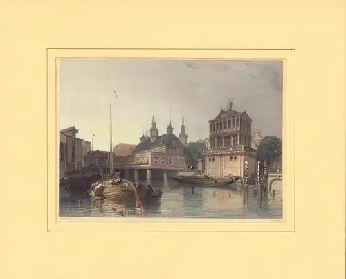 The Exchange Hamburg from the Canal [Die alte Börse in Hamburg]. Kolorierter Stahlstich nach A. G. Vickers, gestochen von J. Lewis