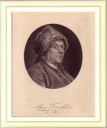 PORTRAIT Benjamin Franklin. Ovales Brustbild im Dreiviertel-Profil. Stahlstich von  A. H. Ritchie nach C. N. Cochin, Franklin, Benjamin