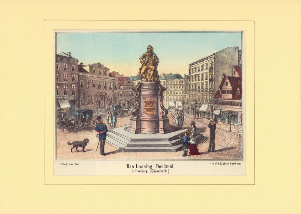 Das Lessing Denkmal in Hamburg (G�nsemarkt). Kolorierte Lithographie [von D. M.Kanning] 0