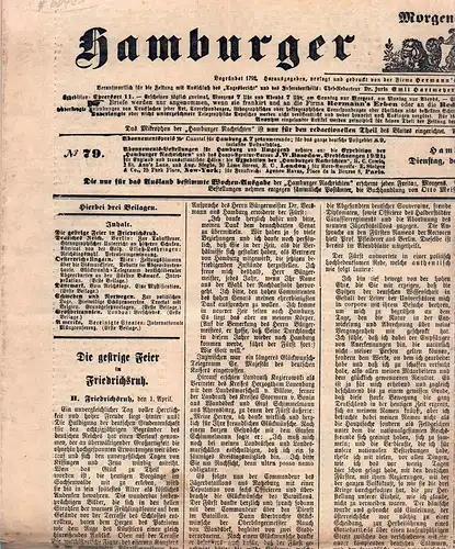 Hamburger Nachrichten. Nr. 79, Dienstag, den 2. April 1895. Morgen-Ausgabe (mit 1 Beilage). (Hrsg. unter Red. von Emil Hartmeyer). 