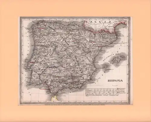 Hispania. Gezeichnet von Ltn. Renner. Grenzkolorierter Stahlstich (unter Direction von Kleinknecht) aus der Schweinfurter Geograph. Graviranstalt