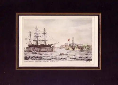 Hamburgs erstes Schwimmdock 1859 bei der Stülckenwerft. Kolorierte Original-Radierung von F. Wehlisch