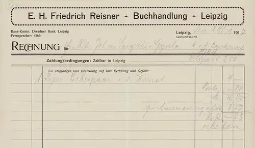 Rechnung der E. H. Friedrich Reisner, Buchhandlung, Leipzig. Ausgestellt auf  Hrn. Obltn. [Oberleutnant] Joh. von Szigethi-Gyula, k. u. k. Baukomp., 101 HH, Feldpost 286