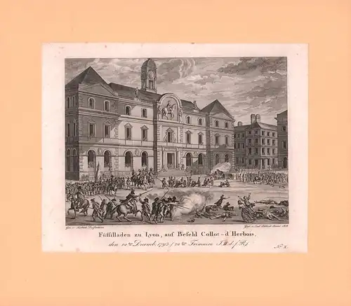 Füsilladen zu Lyon, auf Befehl Collot d'Herbois, den 14ten Decemb. 1793 / 24ten Frimaire J. II. d. f. R. Kupferstich von Carl Schleich Senior nach einer Zeichnung von Swebach-Desfontaines