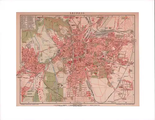 Leipzig. Stadtplan im Maßstab 1:24.000. Farbiger Holzstich