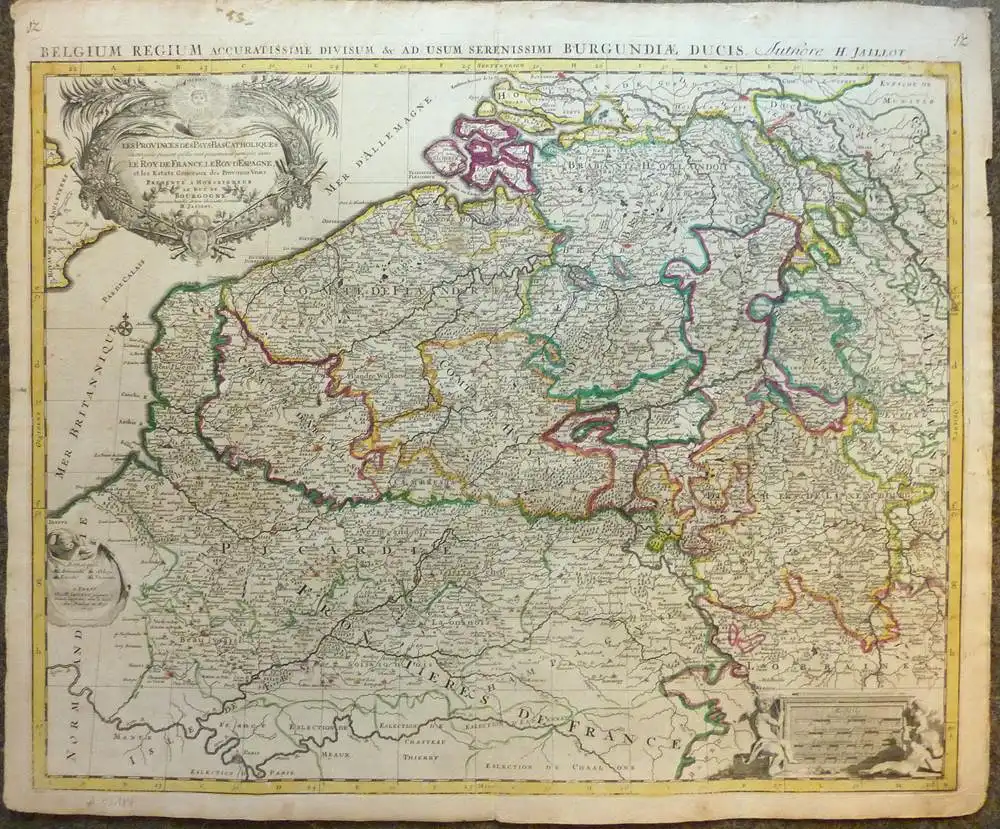 Les provinces des Pays-Bas Catholiques distinguées suivant qu'elles sont présentement partagées entre le Roy de France, le Roy d'Espagne, et les Estats Généraux des Provinces-Unies. Grenzkolorierter Kupferstich. Mit 3 Kartuschen u. lateinischer Ti... 0