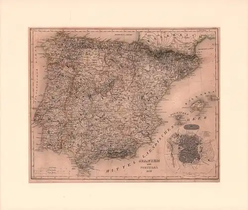 Spanien und Portugal 1849. Grenzkolorierter Stahlstich von H. Bornemüller