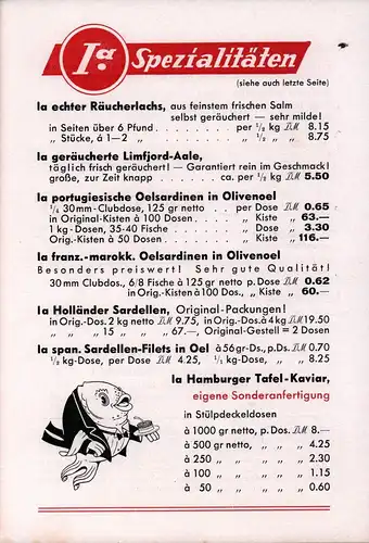 Seeleute müssen auch "Seh"-leute sein. Warenangebots-Liste der Fischhandlung Christian Goedeken jr., Hamburg-Altona. 