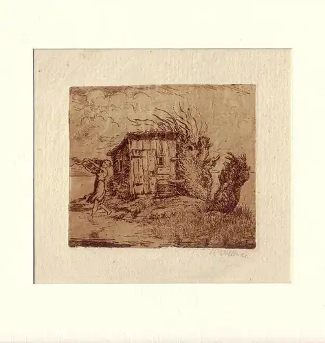 Holzhütte am Ufer mit struppigem Buschwerk u. tanzendem Mädchen. Aquatintaradierung in warmen Brauntönen, außerhalb der Darstellung signiert A. Vollmer