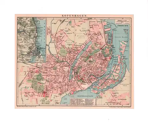 Kopenhagen. Farbiger lithographierter Plan im Maßstab 1:27.700