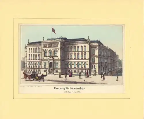 Hamburg, die Gewerbeschule, eröffnet am 14. Sept. 1876. Kolorierte Lithographie [von D. M.Kanning]
