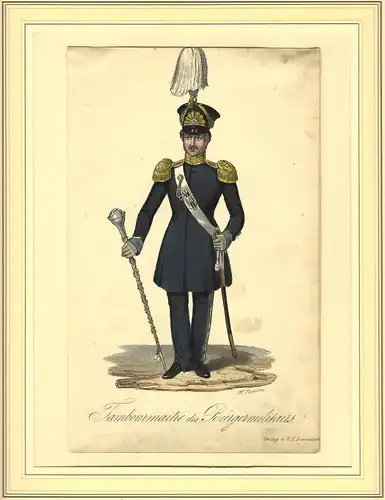 Tambourmaitre des Bürgermilitairs. Altkolorierte Kreidelithographie von Heinrich Jessen, auf dem Stein signiert