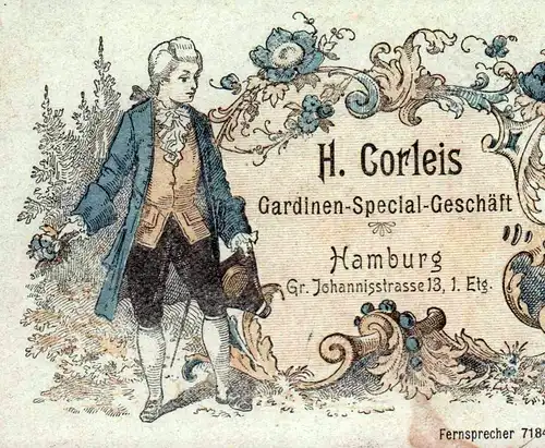 [Visitenkarte / Empfehlungskarte]. H. Corleis, Gardinen-Special-Geschäft, Hamburg. Gr. Johannisstr. 13, 1. Etg. 