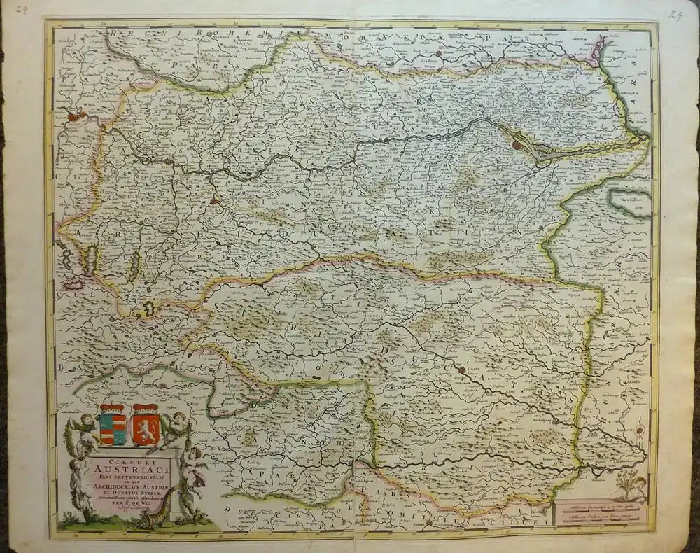 Circuli Austriaci pars septentrionalis in qua archiducatus Austriae et ducatus Stiriae accuratissime divisi ostenduntur. Mit 2 kolorierten figürlichen u. heraldischen (Titel- / Skalen-)Kartuschen. Gestochen von Frederic de Wit 0