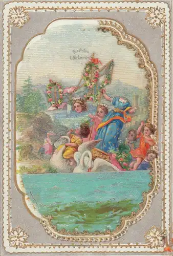 Glückwunsch-Umschlag, gestanzt, geprägt und teilvergoldet. 