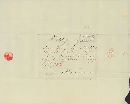 Briefhülle, handadressiert "G. P. Müller, Privat-Secretair des Herrn General-Lieutent. Grafen v.  Kielmannsegge. frey ./. Hannover". [Hülle ohne Inhalt]. 