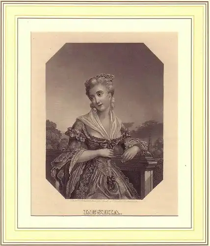 Lesbia. "Lesbia hath a beaming eye". Porträt einer reich gekleideten jungen Frau in Halbfigur im Dreiviertelprofil. Stahlstich. 
