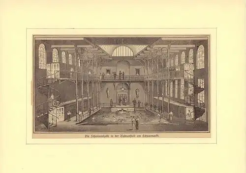 Die Schwimmhalle in der Badeanstalt am Schaarmarkt. Holzstich
