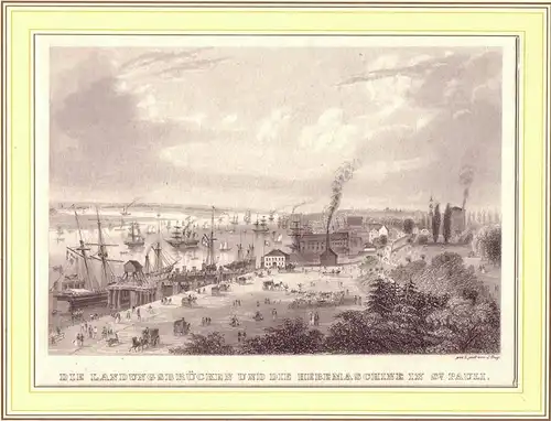 Die Landungsbrücken und die Hebemaschine in St. Pauli. Stahlstich von J. Gray