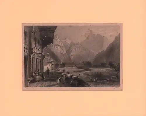 Kandersteg, Canton Bern. (Pass of the Ghemmi). Dorp Kandersteg. Stahlstich von R. Wallis nach einer Zeichnung von W. H. Bartlett