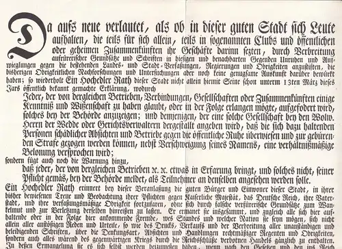 [Mandat wider die Clubs zur Verbreitung aufrührerischer Grundsätze]. Gegeben in Unsrer Raths-Versammlung. Hamburg, den 23sten October 1793. (REPRINT). 