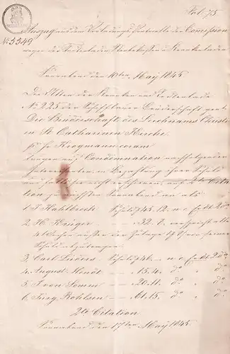 Auszug aus dem Vorladungs-Protocolle der Commission wegen der Todtenladen, Sterbekasten u. Krankenladen, No. 5549. Sonnabend den 10ten May 1845. 