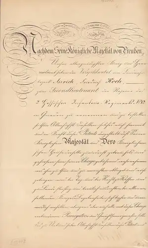 Patent als Secondlieutenant der Reserve des 2. Hessischen Infanterie-Regiments No. 82, für den Vizefeldwebel vom Landwehrbezirk Aurich, (Friedrich) Koch. Berlin, den 27. Januar 1895 U9 u. 