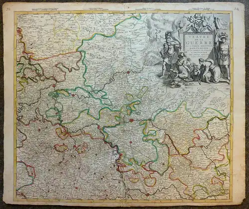 Teatre de la guerre sur le Rhein, Moessele, Mayn & le Necker. Mit großer figürlicher wappengekrönter Kartusche u. 4 Skalen oberhalb der Karte. Gestochen von Nicolas Sanson
