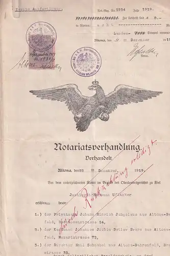 Notariatsverhandlung. Formular, mit Schreibmaschine ausgefüllt und erläutert zum Gesellschaftsvertrag. Not. Reg. No. 1934. Jahr: 1919. Zweite Ausfertigung. 