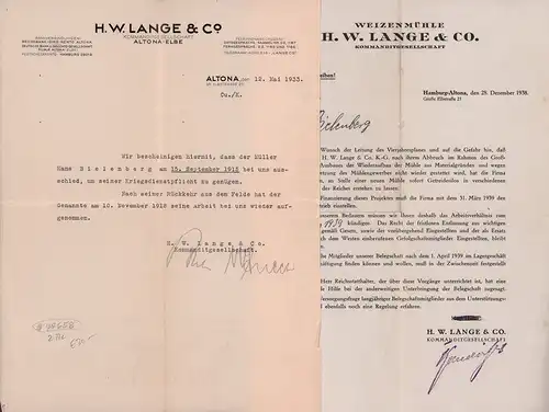 H. W. Lange & Co., Kommanditgesellschaft, Altona - Elbe (Weizenmühle). 2 Firmenbriefbogen, eines betippt, das andere bedruckt mit handschr. Einträgen. 