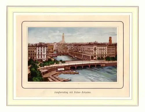 Jungfernstieg mit Alster-Arkaden. Aufgewalzte Chromolithographie