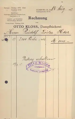 Rechnungsbeleg. "Rechnung von Otto Kloss, Dampfbäckerei". 