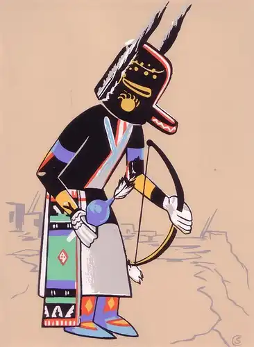 Kachina-Puppe der Hopi-Indianer. Farbiger Siebdruck eines Hopi-Künstlers