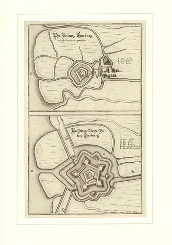 Die Vestung Harburg. Zweiteiliger Kupferstich von Matthäus Merian