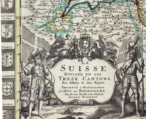 La Suisse divisée en ses treze cantons, ses alliez & ses sujets. Mit figürlicher wappengekrönter Titelkartusche u. 2 Erläuterungstafeln (Meilenzeiger, geographische Gliederung) sowie Wappenbordüre u.. 