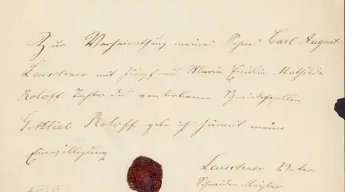 Heiratserlaubnis. Handschriftliches Dokument aus dem 19. Jahrhundert. 