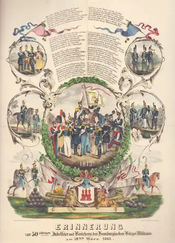 Erinnerung zur 50jährigen Jubelfeier und Bestehens des Hamburgischen Bürger-Militairs am 18ten März 1863. Handkolorierte Original-Lithographie